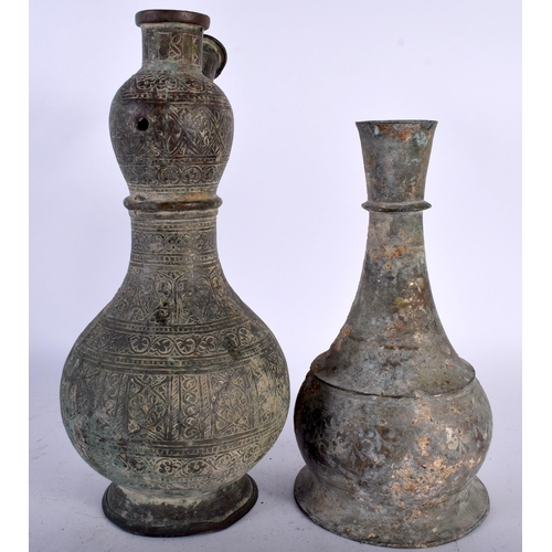 638 - TWO 15TH/16TH CENTURY MIDDLE EASTERN ISLAMIC KHOROSAN HOOKAH PIPE BRONZE BASES one engraved all over... 