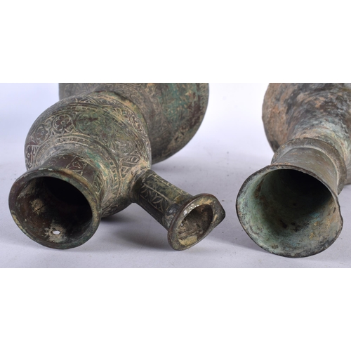 638 - TWO 15TH/16TH CENTURY MIDDLE EASTERN ISLAMIC KHOROSAN HOOKAH PIPE BRONZE BASES one engraved all over... 