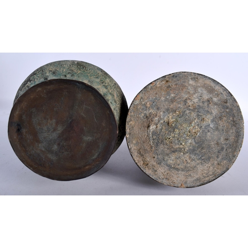 638 - TWO 15TH/16TH CENTURY MIDDLE EASTERN ISLAMIC KHOROSAN HOOKAH PIPE BRONZE BASES one engraved all over... 