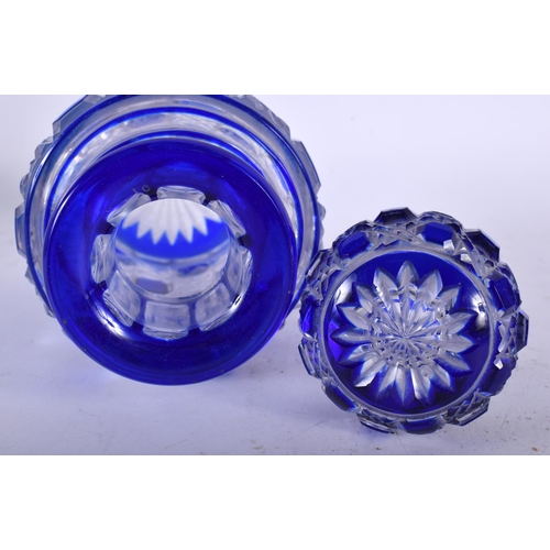 640 - A BACCARAT STYLE BLUE AND CLEAR FLASH GLASS DECANTER AND STOPPER together with a marble solitaire bo... 