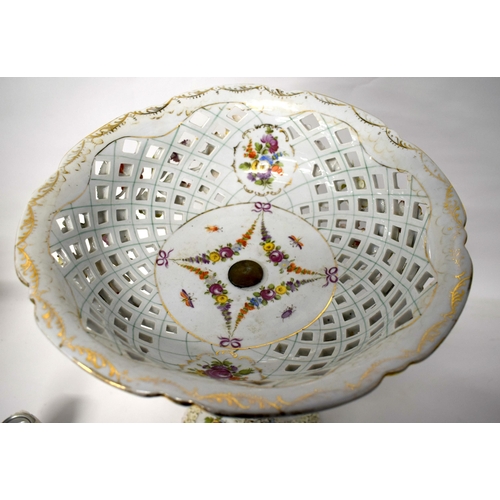 65 - A LARGE EARLY 20TH CENTURY GERMAN PORCELAIN ENCRUSTED COMPORT painted with flowers. 53 cm x 23 cm.