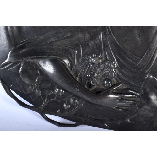 656 - A LARGE ART NOUVEAU WMF PEWTER TWIN HANDLED DISH decorative with a maiden. 38 cm x 24 cm.