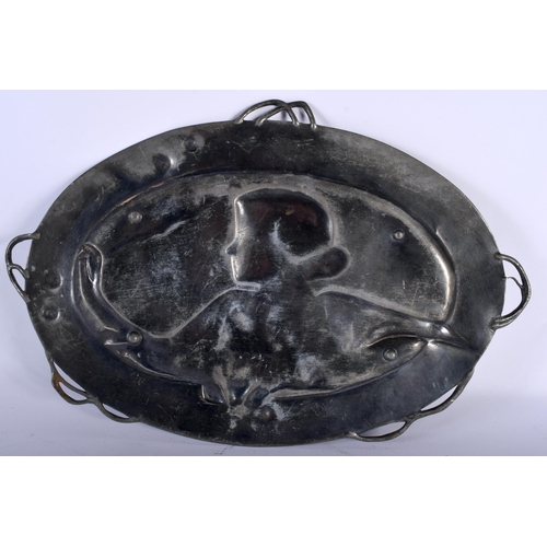 656 - A LARGE ART NOUVEAU WMF PEWTER TWIN HANDLED DISH decorative with a maiden. 38 cm x 24 cm.