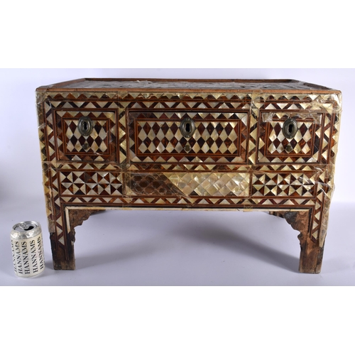 658 - A GOOD EARLY 18TH CENTURY TURKISH OTTOMAN MOTHER OF PEARL INLAID LOW CABINET decorative all over wit... 