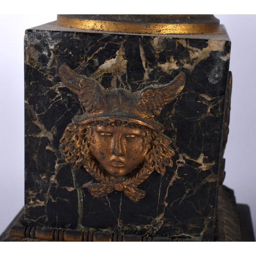 668 - A GOOD LARGE EARLY 19TH CENTURY FRENCH EMPIRE BRONZE AND MARBLE CLOCK GARNITURE formed as large urns... 