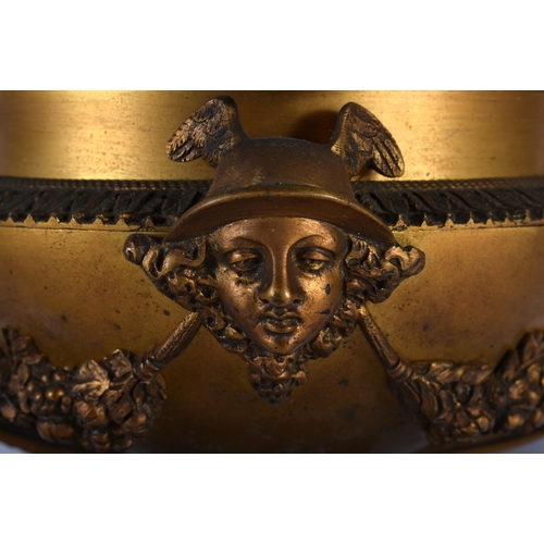 668 - A GOOD LARGE EARLY 19TH CENTURY FRENCH EMPIRE BRONZE AND MARBLE CLOCK GARNITURE formed as large urns... 