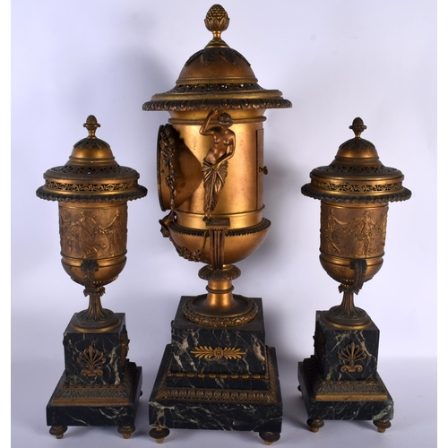 668 - A GOOD LARGE EARLY 19TH CENTURY FRENCH EMPIRE BRONZE AND MARBLE CLOCK GARNITURE formed as large urns... 