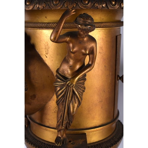 668 - A GOOD LARGE EARLY 19TH CENTURY FRENCH EMPIRE BRONZE AND MARBLE CLOCK GARNITURE formed as large urns... 