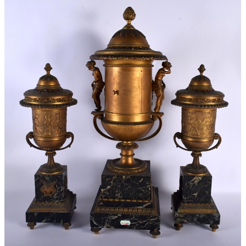 668 - A GOOD LARGE EARLY 19TH CENTURY FRENCH EMPIRE BRONZE AND MARBLE CLOCK GARNITURE formed as large urns... 