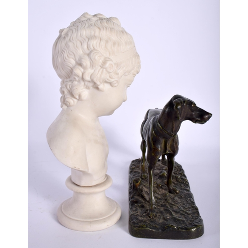 681 - AN ANTIQUE PARIAN WARE BUST OF A BOY together with a painted figure of a hound. Largest 16 cm high. ... 