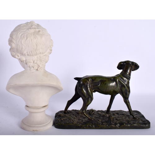 681 - AN ANTIQUE PARIAN WARE BUST OF A BOY together with a painted figure of a hound. Largest 16 cm high. ... 