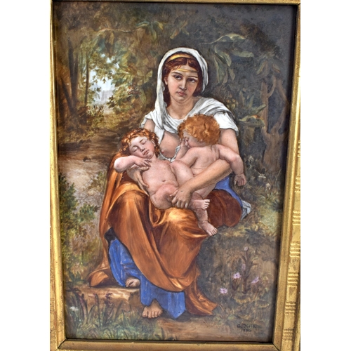 684 - A LARGE 19TH CENTURY CONTINENTAL PORCELAIN PLAQUE  painted with a female and two children within lan... 