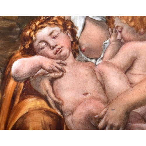 684 - A LARGE 19TH CENTURY CONTINENTAL PORCELAIN PLAQUE  painted with a female and two children within lan... 