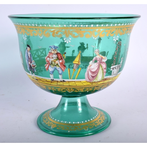 698 - A VENETIAN ENAMELLED GREEN GLASS BOWL painted with figures in landscapes. 14 cm x 14 cm.