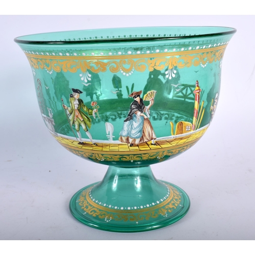 698 - A VENETIAN ENAMELLED GREEN GLASS BOWL painted with figures in landscapes. 14 cm x 14 cm.