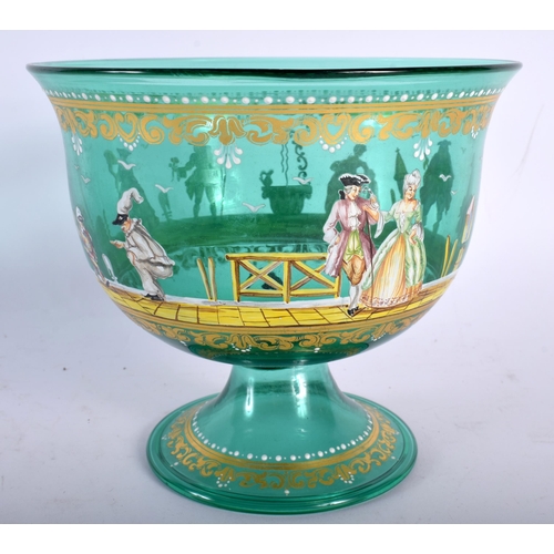 698 - A VENETIAN ENAMELLED GREEN GLASS BOWL painted with figures in landscapes. 14 cm x 14 cm.