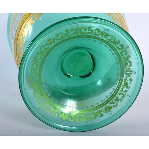 698 - A VENETIAN ENAMELLED GREEN GLASS BOWL painted with figures in landscapes. 14 cm x 14 cm.