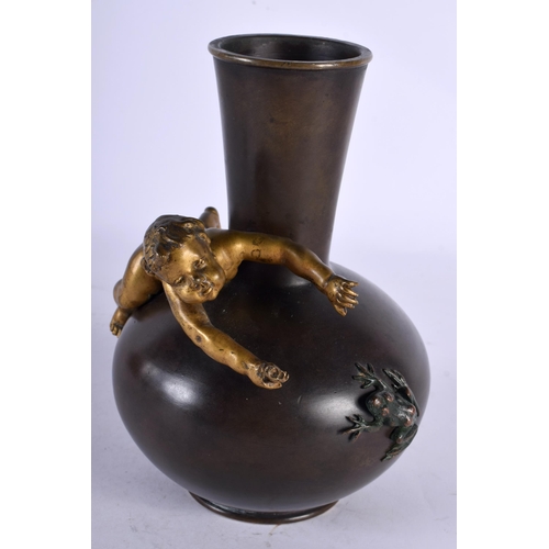 70 - AN EARLY 20TH CENTURY FRENCH COLD PAINTED BRONZE BULBOUS VASE the body overlaid with a putti and toa... 