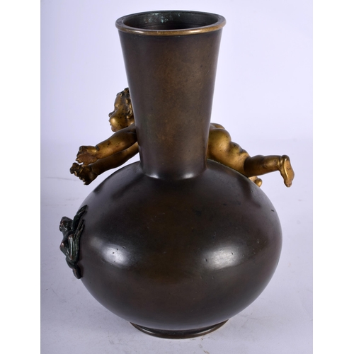 70 - AN EARLY 20TH CENTURY FRENCH COLD PAINTED BRONZE BULBOUS VASE the body overlaid with a putti and toa... 