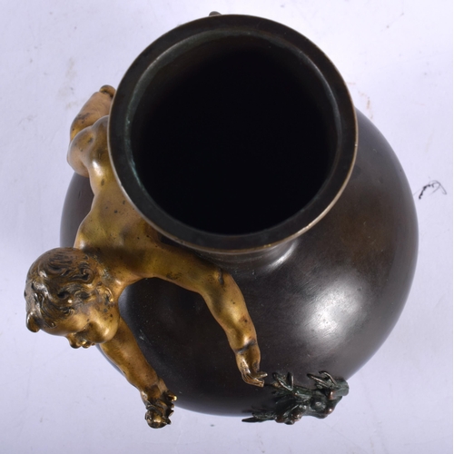 70 - AN EARLY 20TH CENTURY FRENCH COLD PAINTED BRONZE BULBOUS VASE the body overlaid with a putti and toa... 