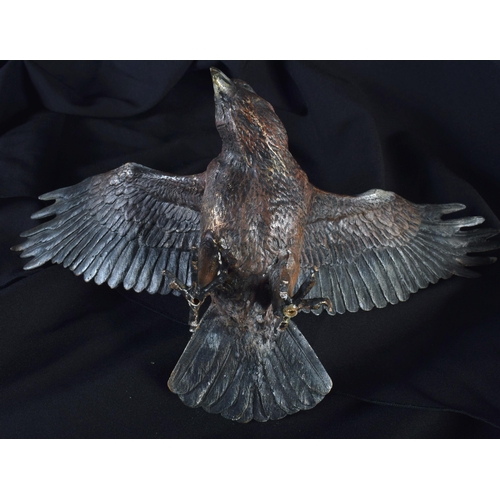 703 - AN ANTIQUE AUSTRIAN COLD PAINTED BRONZE FIGURE OF A BIRD upon a stone base. 32 cm wide.