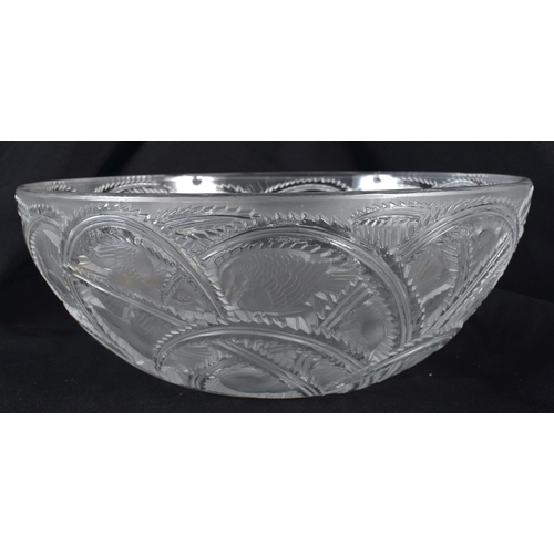 706 - A FRENCH LALIQUE GLASS BIRD BOWL. 24 cm diameter.