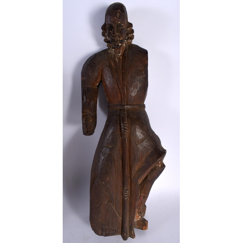 714 - TWO EARLY CONTINENTAL CARVED WOOD FIGURES together with a later wood bust of a female. Largest 36 cm... 