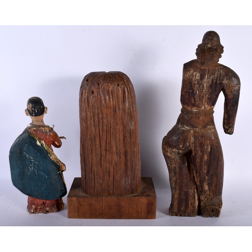 714 - TWO EARLY CONTINENTAL CARVED WOOD FIGURES together with a later wood bust of a female. Largest 36 cm... 