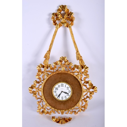 721 - AN ANTIQUE HANGING ORMOLU CLOCK. 40 cm x 20 cm.