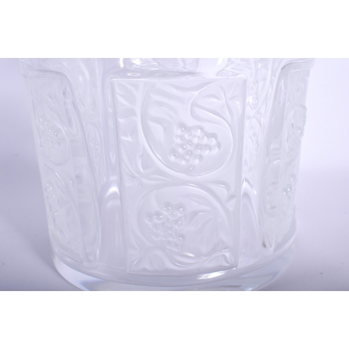 723 - A LARGE FRENCH LALIQUE GLASS DECANTER AND STOPPER together with two glasses. Largest 20 cm high. (3)