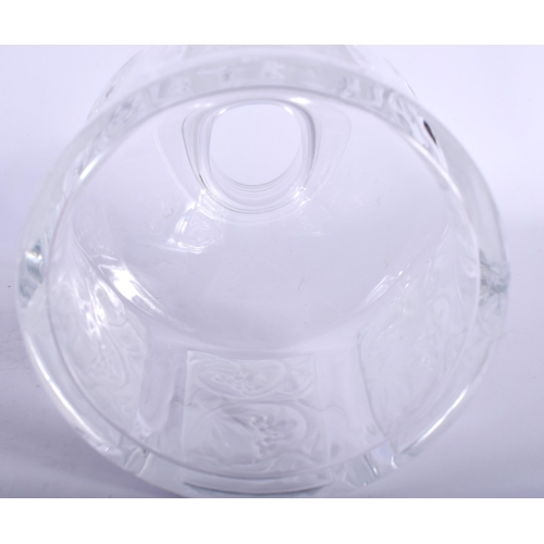 723 - A LARGE FRENCH LALIQUE GLASS DECANTER AND STOPPER together with two glasses. Largest 20 cm high. (3)