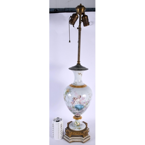 728 - A FINE ANTIQUE FRENCH PORCELAIN LAMP painted with a classical scene. 70 cm high.