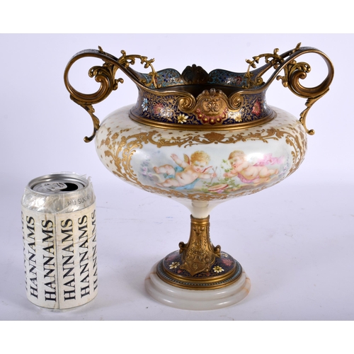 78 - A FINE 19TH CENTURY FRENCH TWIN HANDLED SEVRES PORCELAIN AND CHAMPLEVE ENAMEL VASE painted with putt... 