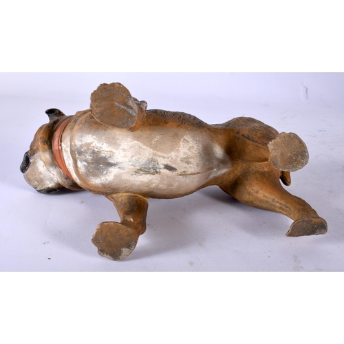 82 - A SMALL 19TH CENTURY AUSTRIAN COLD PAINTED TERRACOTTA DOG modelled with glass eyes. 18 cm x 15 cm.