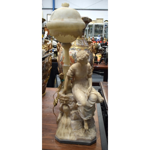 901 - A LARGE 19TH CENTURY CONTINENTAL ALABASTER LAMP formed as a seated female. 74 cm x 22 cm.