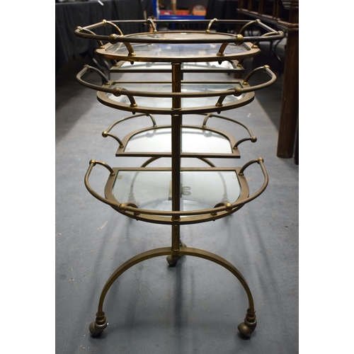 904 - A RETRO BRONZE AND GLASS TEA TROLLEY. 80 cm x 72 cm.