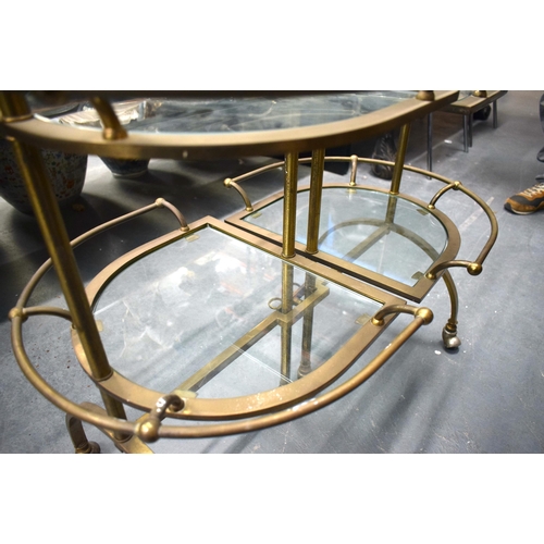 904 - A RETRO BRONZE AND GLASS TEA TROLLEY. 80 cm x 72 cm.