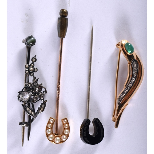 1237 - Two Vintage Bar Brooches and Two Horseshoe Stick Pins.  Largest 6cm x 1.6cm, total weight 16.9g (4)