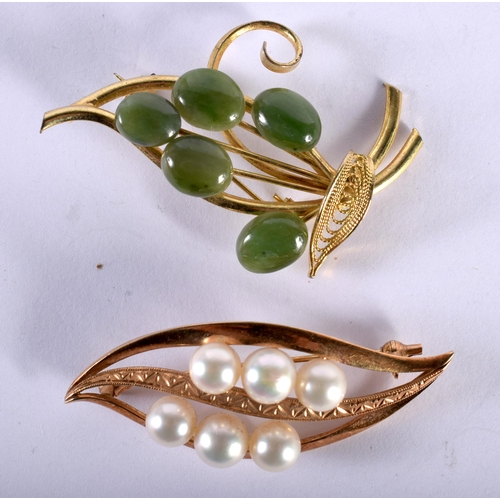 1243 - Two Floral Brooches (1 Pearl and 1 Jadeite)  Largest 4.1cm x 5cm, total weight 16.1g (2)