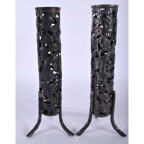 1442 - A Pair of Chinese Silver Pierced Vases.  Stamped WH, 18cm x 3.5cm, total weight 203g