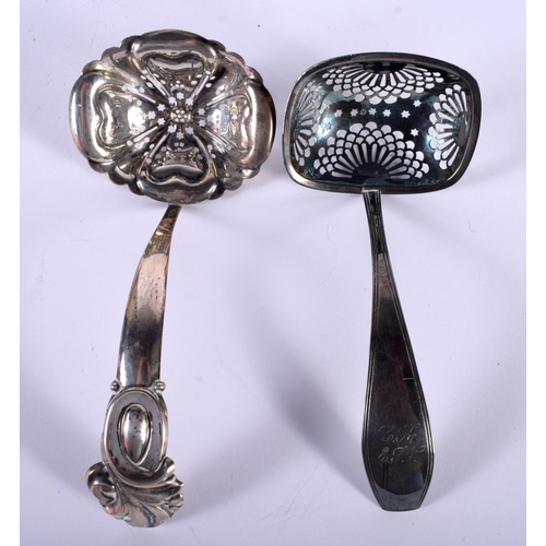 1445 - Two Silver Sifter Spoons.  Indistinct hallmarks.  Largest 15cm x 7cm,  total weight 58.7g (2)