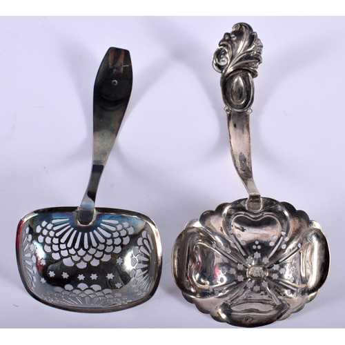 1445 - Two Silver Sifter Spoons.  Indistinct hallmarks.  Largest 15cm x 7cm,  total weight 58.7g (2)