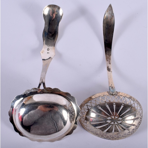 1448 - Two Silver Sifter Spoons.  Indistinct hallmarks.  Largest 15cm x 7.5cm,  total weight 63.7g (2)