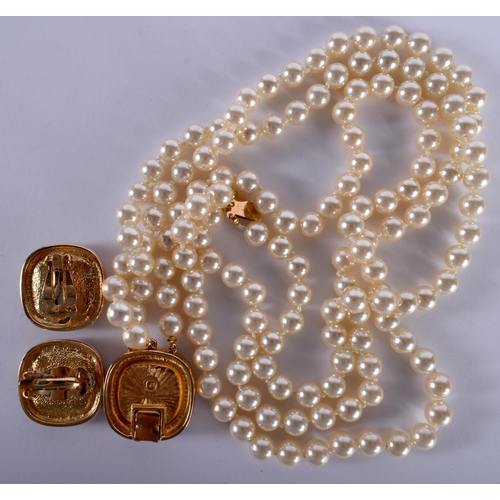 1451 - Vintage SALO 3 Strand Pearl Necklace the Gem Set Clasp and Matching Earrings.  Necklace 42cm long, B... 