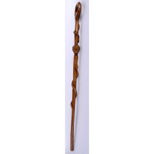 1517 - AN AFRICAN TRIBAL FIGURURAL SNAKE STAFF possibly Zulu. 88 cm long.