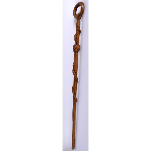 1517 - AN AFRICAN TRIBAL FIGURURAL SNAKE STAFF possibly Zulu. 88 cm long.