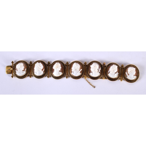 1728 - A Grand Tour Shell Cameo Bracelet in High Carat Gold with Carved Figural Bust.  18.5cm x  2.5cm, wei... 
