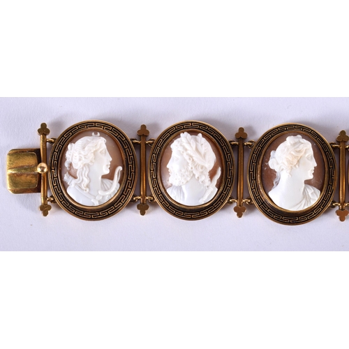 1728 - A Grand Tour Shell Cameo Bracelet in High Carat Gold with Carved Figural Bust.  18.5cm x  2.5cm, wei... 
