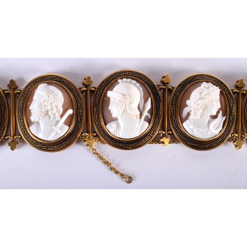 1728 - A Grand Tour Shell Cameo Bracelet in High Carat Gold with Carved Figural Bust.  18.5cm x  2.5cm, wei... 