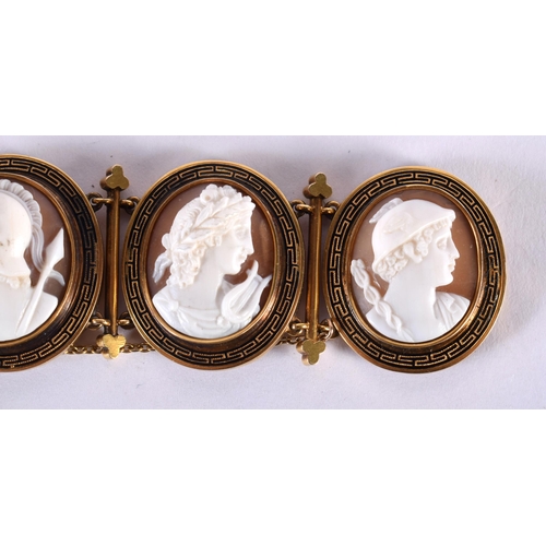1728 - A Grand Tour Shell Cameo Bracelet in High Carat Gold with Carved Figural Bust.  18.5cm x  2.5cm, wei... 